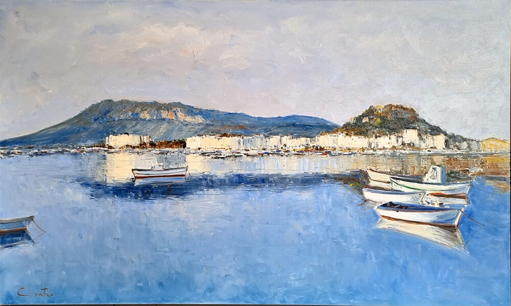 Marina al oleo de Cortés: Puerto de Denia 150x90 cm